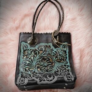 Patricia Nash Brown and Turquoise Floral Tote With Feet